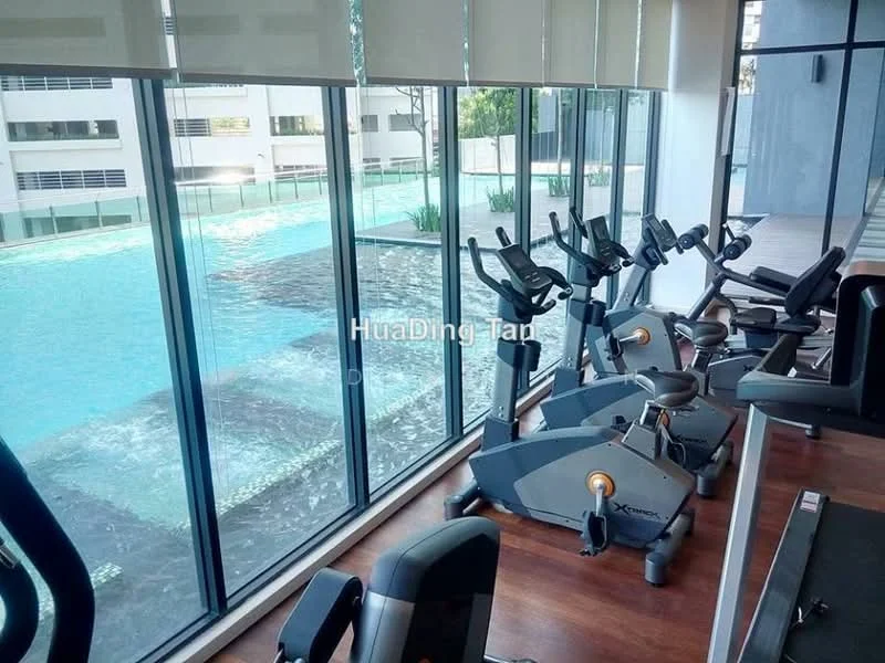 Gym features: elliptical machines, exercise bikes, large floor-to-ceiling windows, wooden flooring, indoor swimming pool view, natural light, modern gym equipment, water feature outside; style: modern; view: pool.