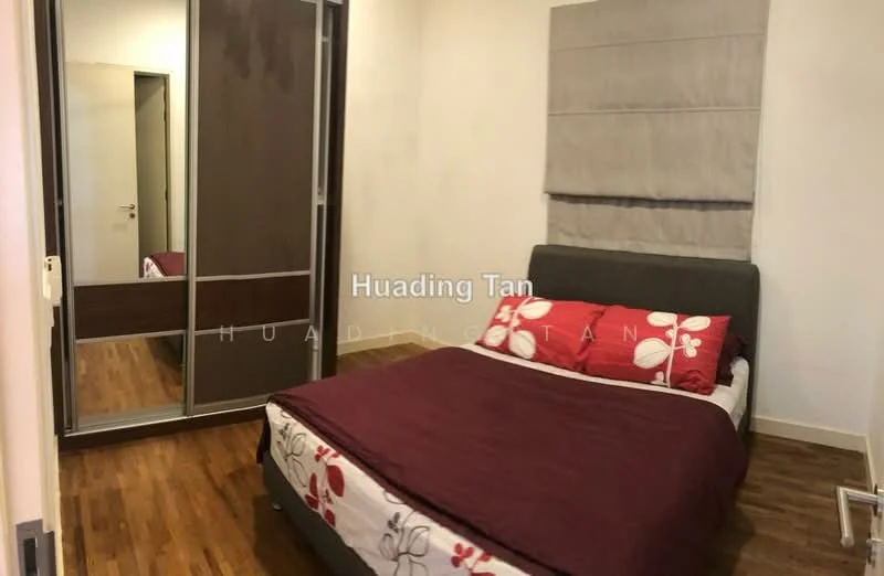 Bedroom features: queen-size bed with red and white bedding, upholstered headboard, built-in wardrobe with sliding doors, wooden flooring, decorative wall panel, nightstand, framed mirror, wall-mounted light fixture; style: modern.