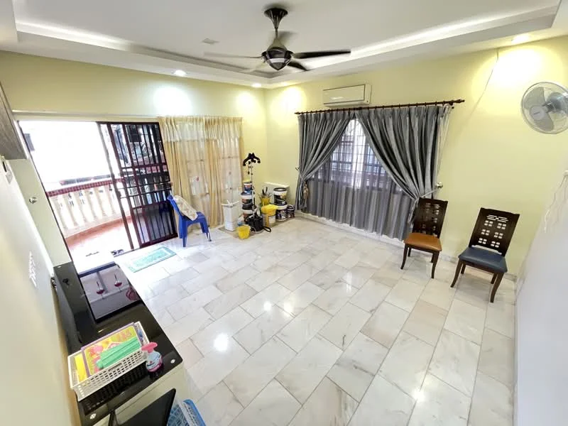 Living features: marble tile flooring, cream painted walls, tray ceiling with recessed lighting, 5-blade ceiling fan, floor-to-ceiling windows, sliding glass door, sheer curtains, dark wood chairs, decorative wall-mounted AC unit, open space leading to balcony, area rug, wall-mounted TV console; style: modern; view: garden.