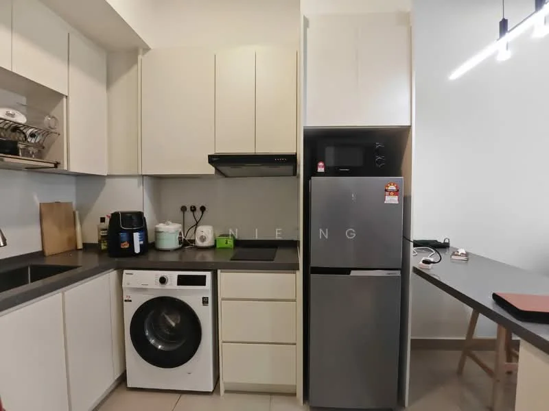 Kitchen features: white cabinetry, black countertop, built-in oven, stainless-steel fridge, front-load washing machine, stainless-steel sink, chrome pull-down faucet, kitchen island, electric stove, microwave, coffee machine; style: modern.