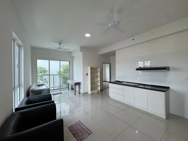 Living features: white painted walls, glossy ceramic tile flooring, 5-blade ceiling fan, recessed downlights, black countertop, white cabinetry, open shelving unit, sliding glass door, floor-to-ceiling windows, area rug with geometric pattern, two black leather armchairs, dining table with chairs, balcony view; style: modern; view: garden.