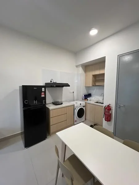 Kitchen features: black refrigerator, built-in oven, white ceramic cooktop, white tiled backsplash, light wood cabinetry, white countertop, washing machine, dining table with four chairs, fire extinguisher, recessed ceiling lights, white walls, grey door; style: modern.
