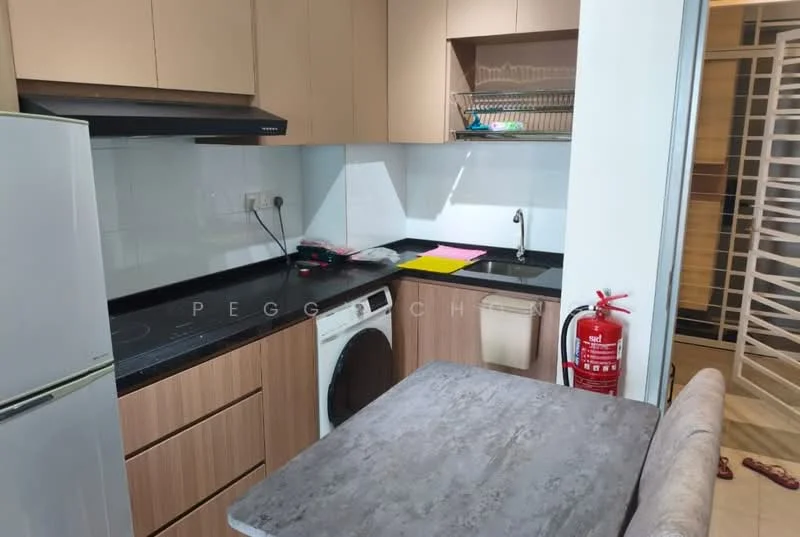 Kitchen features: black countertop, wood cabinetry, stainless-steel refrigerator, built-in oven, washing machine, single-bowl stainless-steel sink, chrome pull-down faucet, tile backsplash, fire extinguisher, table with grey surface, open shelving; style: modern.