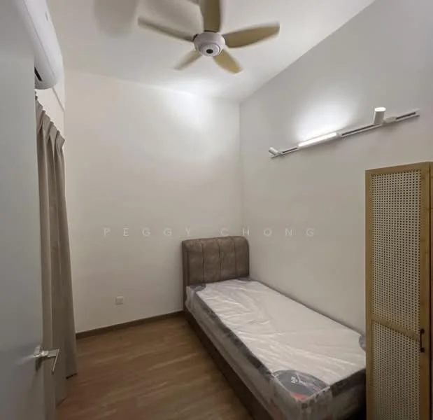 Bedroom features: single bed, upholstered headboard, wooden flooring, 5-blade ceiling fan, wall-mounted light fixture, curtains, white painted walls, built-in wardrobe with wooden slats; style: modern.