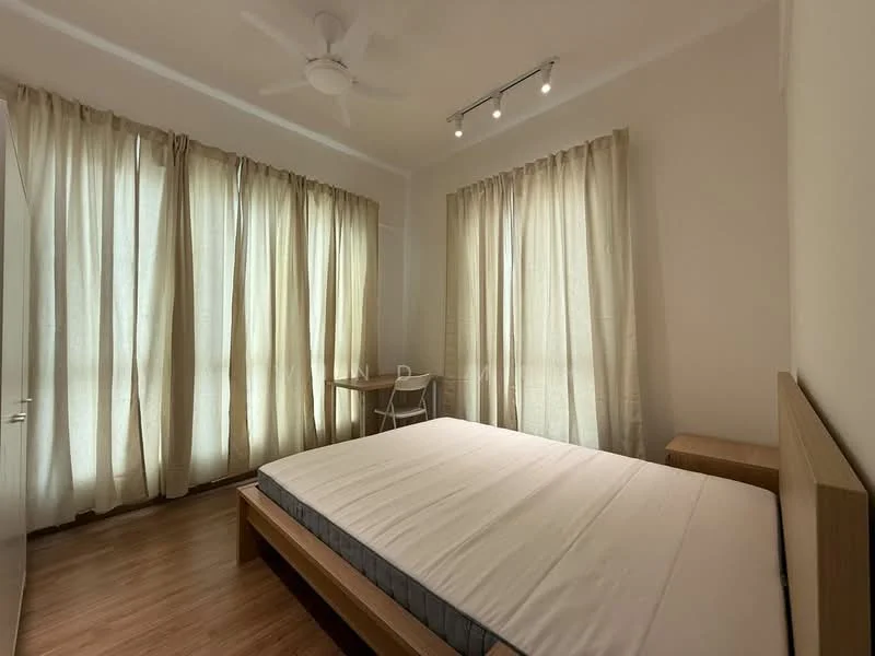 Bedroom features: queen-size bed, wooden bed frame, light wood bedside table, white walls, wooden flooring, 5-blade ceiling fan, floor-to-ceiling windows, sheer curtains, study desk, white chair, recessed lighting; style: modern.