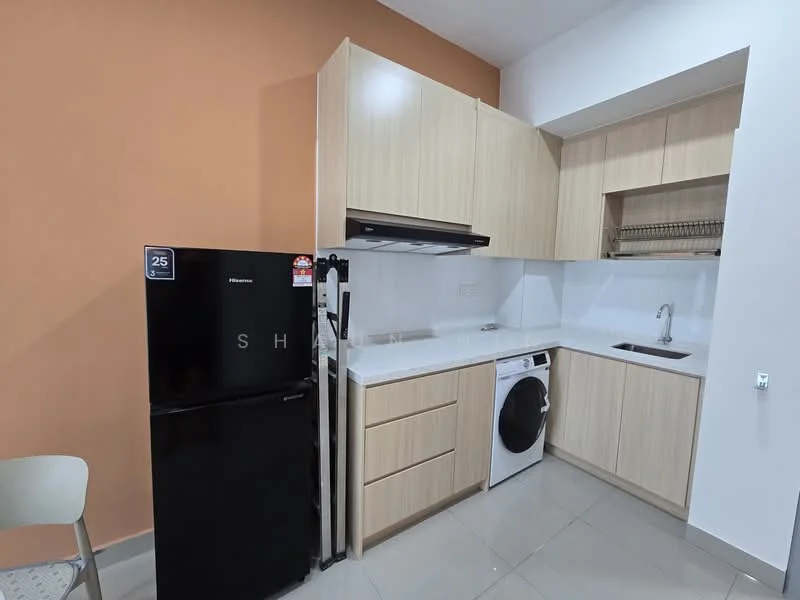 Kitchen features: light wood cabinetry, white countertop, black refrigerator, built-in oven, washing machine, single-bowl stainless-steel sink, chrome pull-down faucet, tile backsplash, grey tile flooring, orange accent wall, open shelving; style: modern.