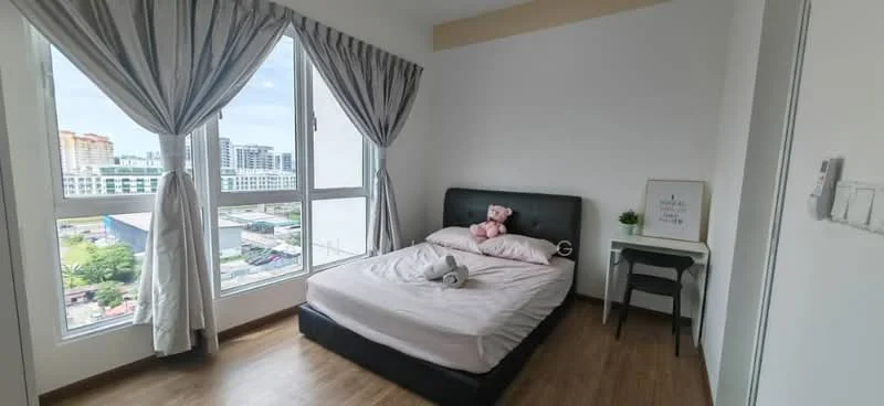 Bedroom features: queen-size bed with black upholstered headboard, light pink bedding, two large windows with sheer curtains, wooden flooring, small bedside table, decorative wall art, stuffed toys on bed, city view from windows; style: modern; view: city.