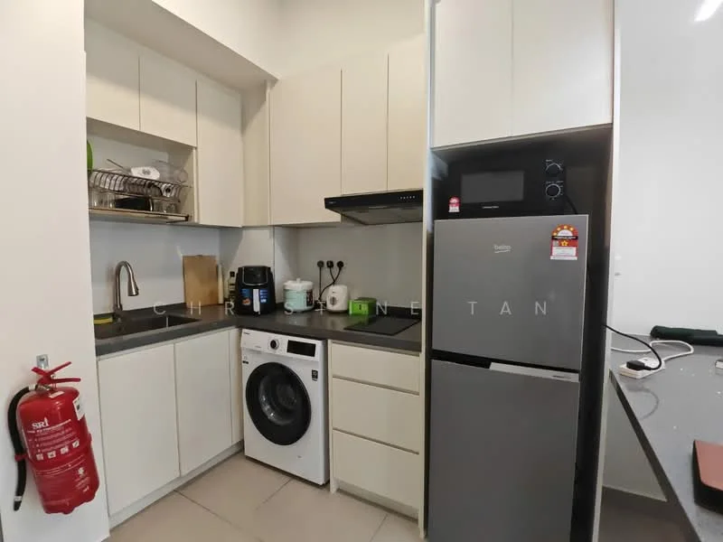 Kitchen features: white cabinetry, grey countertop, stainless-steel fridge, built-in oven, freestanding washing machine, single-bowl stainless-steel sink, chrome pull-down faucet, ceramic tile flooring, fire extinguisher, wall-mounted microwave, open shelving; style: modern.
