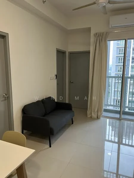 Living features: grey fabric sofa, white walls, cream tiled flooring, floor-to-ceiling windows, sheer curtains, ceiling fan, wall-mounted air conditioning unit, light switch, interior doors, dining table with chairs; style: modern; view: city.
