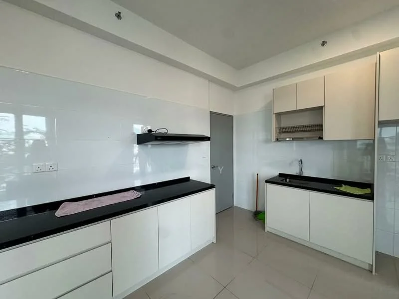 Kitchen features: white cabinets, black granite countertop, ceramic tile flooring, white tiled walls, built-in cabinetry, wall-mounted shelf, single-bowl stainless-steel sink, chrome faucet, recessed lighting, open layout, window for natural light; style: modern.