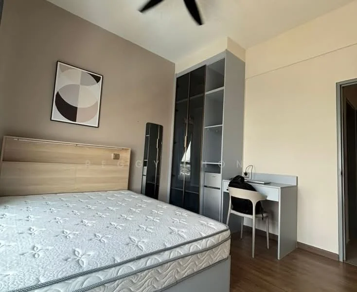 Bedroom features: queen-size bed, upholstered headboard, built-in wardrobe with sliding doors, study desk with chair, wooden flooring, grey accent wall, framed artwork on wall, ceiling fan; style: modern.