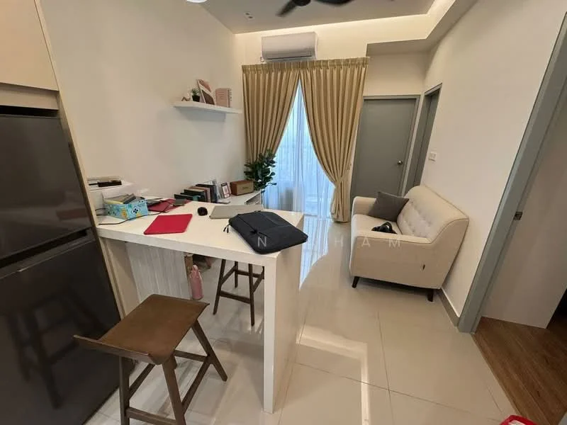 Living features: white painted walls, glossy tile flooring, recessed downlights, sofa in light color, floor-to-ceiling window with sheer curtains, small indoor plant, open shelving, bar counter with two stools, kitchenette area with cabinetry, air conditioning unit; style: modern.