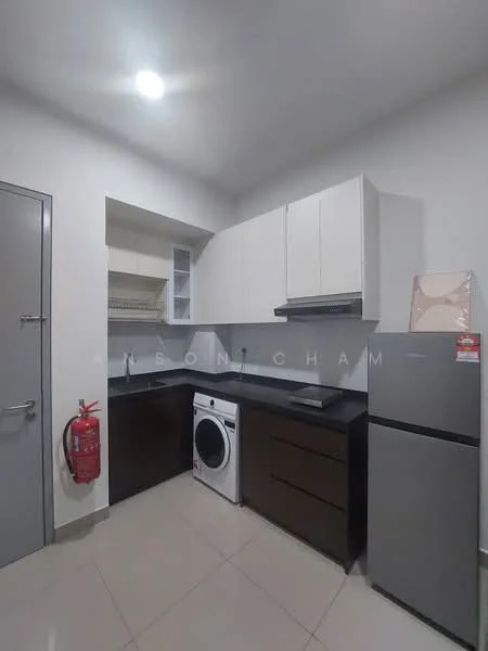 Kitchen features: white upper cabinets, dark wood lower cabinets, black granite countertop, built-in stove with hood, single-bowl stainless-steel sink, chrome pull-down faucet, washing machine, stainless-steel fridge, ceramic tile flooring, recessed downlights, fire extinguisher mounted on wall; style: modern.
