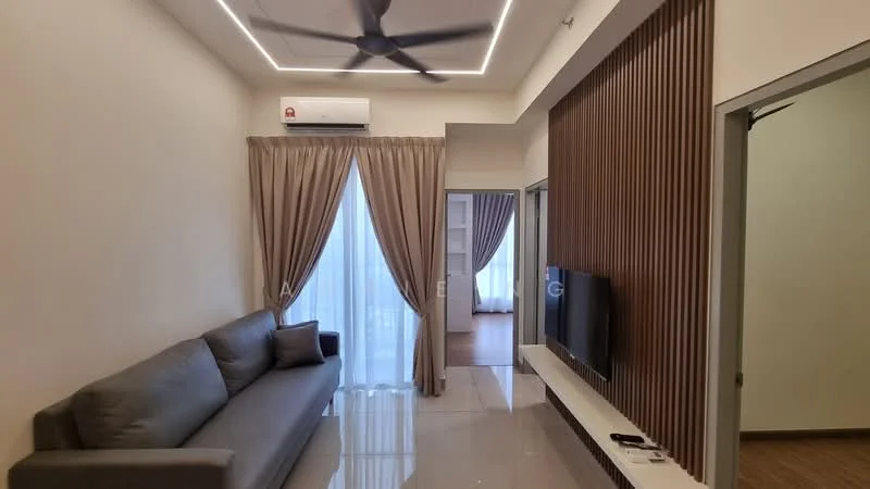 Living features: grey fabric sofa, wall-mounted TV, white TV console, recessed LED downlights, 5-blade ceiling fan, floor-to-ceiling windows, sheer curtains, cream painted walls, light brown laminate flooring, wood panel accent wall; style: modern.
