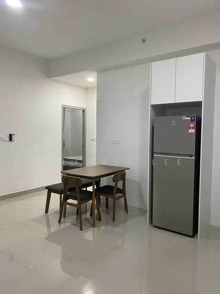 Dining features: dining table with 4 chairs, stainless-steel fridge, white walls, glossy tile flooring, mirror on wall, light fixture on ceiling; style: modern.