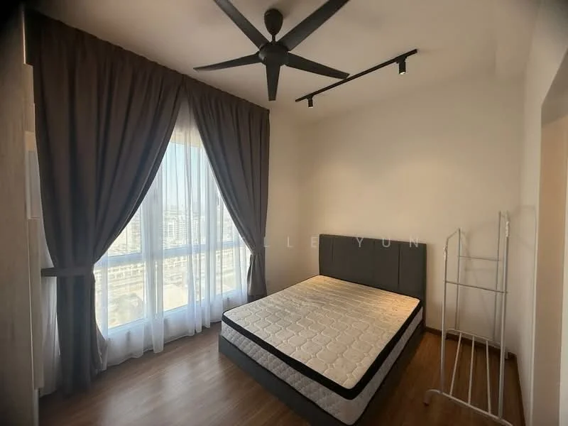 Bedroom features: queen-size bed, 5-blade ceiling fan, floor-to-ceiling windows, grey upholstered headboard, dark curtains, wooden flooring, metal clothing rack, neutral painted walls; style: modern; view: city.