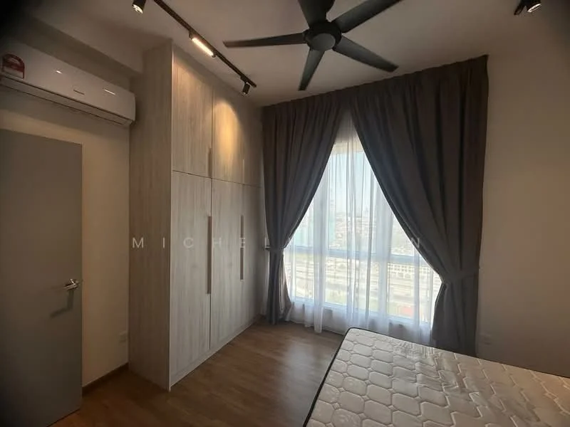 Bedroom features: wooden flooring, light grey painted walls, built-in wardrobe with wood finish, floor-to-ceiling window, sheer curtains, blackout curtains, 5-blade ceiling fan with light, air conditioning unit on wall; style: modern; view: city.