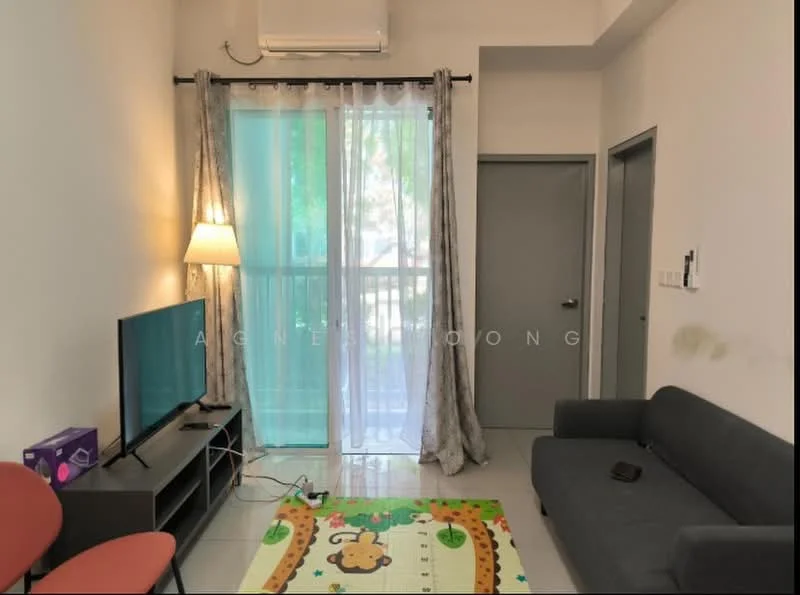 Living features: grey fabric sofa, TV console, wall-mounted TV, floor-to-ceiling windows, sheer curtains, laminate flooring, ceiling-mounted air conditioning unit, area rug with animal pattern, lamp, decorative wall; style: modern; view: garden.