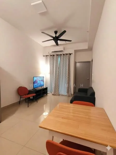 Living features: 5-blade ceiling fan with light, wall-mounted TV, TV console, 2-seater fabric sofa in dark grey, 2 red armchairs, wooden dining table, 4 dining chairs, cream curtains, tile flooring, air conditioning unit, neutral painted walls, light ceiling with recessed lighting; style: modern.
