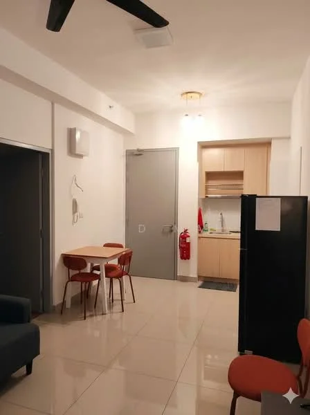 Living features: 5-blade ceiling fan with light, recessed downlights, cream painted walls, white tiled flooring, sofa in dark blue fabric, round dining table with 4 chairs, stainless-steel fridge, kitchen cabinetry in light wood, kitchen countertop in light color, fire extinguisher on wall, door to hallway, door to kitchen area; style: modern. Kitchen features: kitchen cabinetry in light wood, kitchen countertop in light color, sink, stainless-steel fridge, built-in oven, stove, wall-mounted air conditioning unit; style: modern.