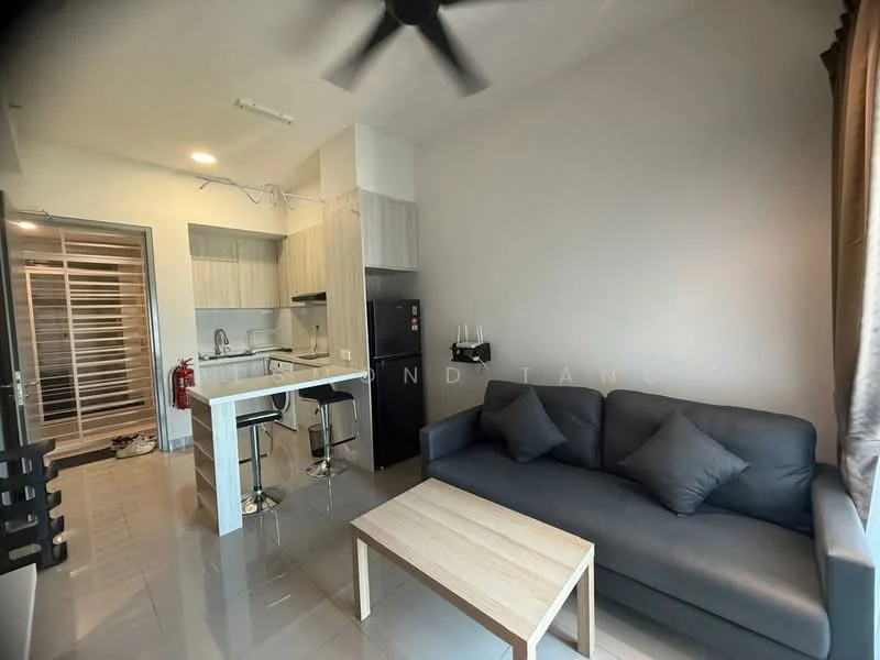 Living features: grey fabric sofa, wood coffee table, recessed downlights, wall-mounted TV, floor-to-ceiling windows, curtains, open-plan layout, tile flooring; style: modern. Kitchen features: white cabinetry, black refrigerator, stainless-steel sink, chrome pull-down faucet, countertop with breakfast bar, built-in oven, 4-burner gas hob, exhaust hood, ceramic tile backsplash; style: modern.