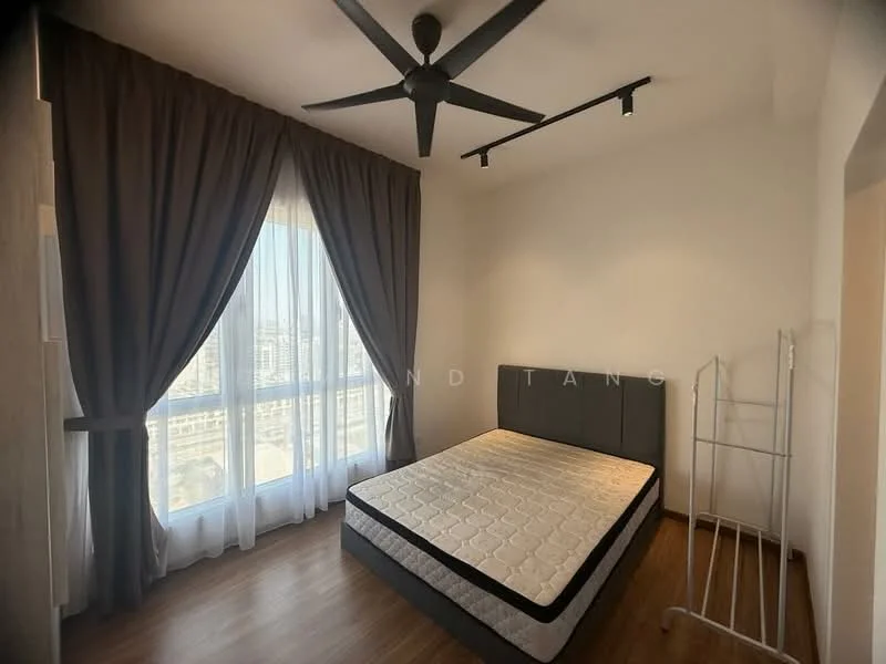 Bedroom features: queen-size bed, black upholstered headboard, floor-to-ceiling windows, sheer curtains, dark grey curtains, wooden flooring, 5-blade ceiling fan, track lighting, clothes rack, decorative wall, neutral painted walls; style: modern; view: city.