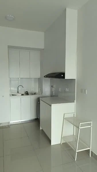 Kitchen features: white cabinetry, stainless-steel sink, chrome pull-down faucet, white backsplash, built-in oven, freestanding washing machine, countertop with overhang, ceramic tile flooring, recessed downlights, wall-mounted range hood; style: modern.