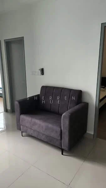 Room features: grey fabric armchair, white painted walls, light-colored tiled flooring, two doorways leading to other rooms, wall-mounted intercom, minimalist decor; style: modern.