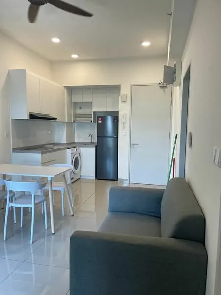 Kitchen features: white cabinetry, grey countertop, stainless-steel fridge, built-in oven, ceramic tile flooring, recessed downlights, single-bowl stainless-steel sink, chrome pull-down faucet, washing machine, open shelving, dining table with white chairs, grey fabric sofa; style: modern.