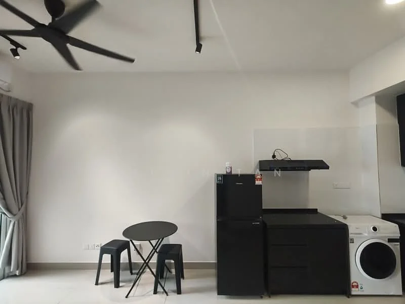 Room features: 5-blade ceiling fan, recessed LED downlights, grey walls, white tiled flooring, black countertop, black cabinetry, stainless-steel fridge, washing machine, black round dining table, 2 black chairs, floor-to-ceiling windows with sheer curtains; style: modern.