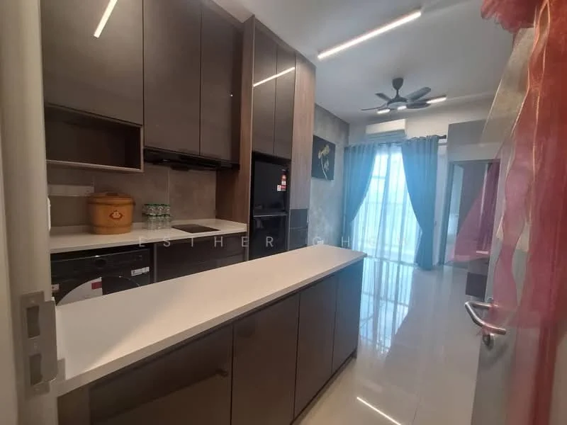 Kitchen features: dark wood cabinetry, white countertop, built-in oven, stainless-steel fridge, 4-burner gas hob, single-bowl stainless-steel sink, chrome pull-down faucet, pendant lighting, ceiling fan, floor-to-ceiling windows with sheer curtains, tile flooring, open layout to living area; style: modern.