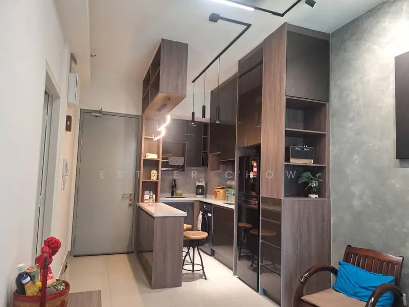 Kitchen features: wood cabinetry, black countertop, stainless-steel appliances, built-in refrigerator, built-in oven, 4-burner gas hob, bar stools, pendant lighting, open shelving, grey accent wall, tile flooring, recessed lighting; style: modern.