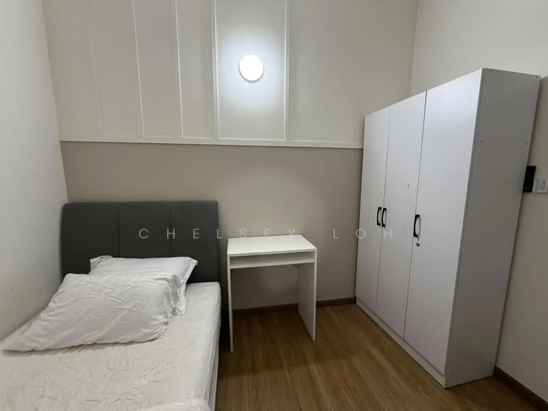 Bedroom features: single bed with grey upholstered headboard, white bedding, white desk, white wardrobe with two doors, wooden flooring, round ceiling light, white painted walls, wall-mounted electrical outlet; style: modern.