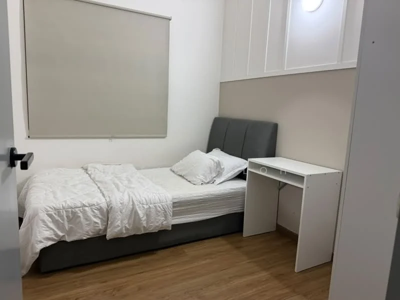 Bedroom features: single bed with grey upholstered headboard, white bedding, wooden flooring, white walls, built-in wall shelf, desk with white finish, window with roller blinds, ceiling light fixture; style: modern.