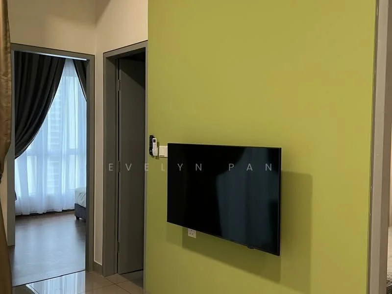 Room features: green painted walls, wall-mounted flat-screen TV, tile flooring, curtains, doorway leading to another room, large window with sheer curtains.