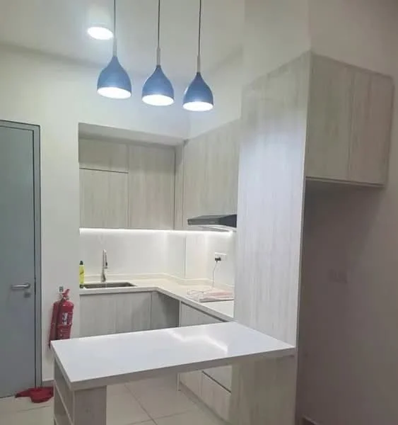Kitchen features: white quartz countertop, light wood cabinetry, stainless-steel sink, chrome pull-down faucet, built-in stove, exhaust hood, pendant lighting with blue shades, tile flooring, white backsplash, fire extinguisher, wall-mounted electrical outlet; style: modern.