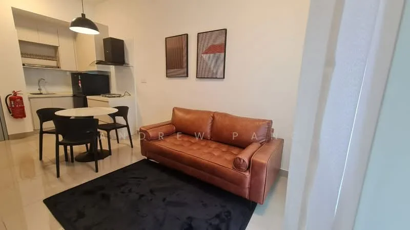 Living features: brown leather sofa, round dining table, 4 black dining chairs, black area rug, pendant light fixture, kitchenette with cabinets, stainless-steel sink, built-in stove, fire extinguisher on wall, white painted walls, glossy tile flooring; style: modern.