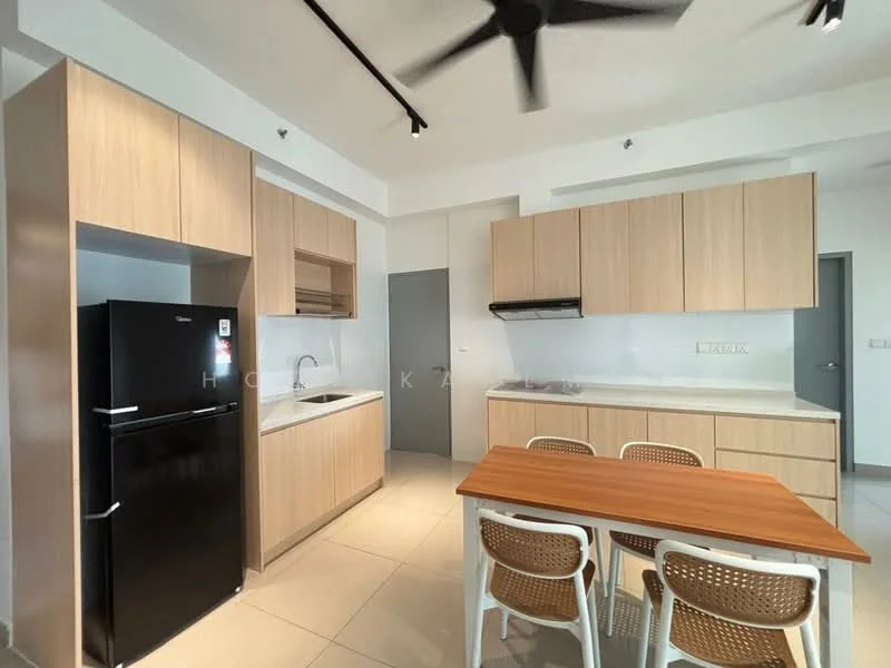 Kitchen features: black fridge, single-bowl stainless-steel sink, chrome pull-down faucet, white countertop, wood cabinetry, built-in oven, 4-burner gas hob, exhaust hood, dining table with wooden top, 4 dining chairs with woven seats, tile flooring, recessed downlights, ceiling fan; style: modern.