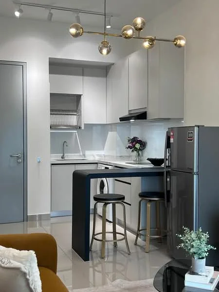 Kitchen features: white cabinetry, black countertop, stainless-steel fridge, stainless-steel sink, chrome pull-down faucet, built-in oven, ceramic tile backsplash, pendant light fixture with multiple bulbs, bar stools, open shelving, grey walls, glossy tile flooring; style: modern.