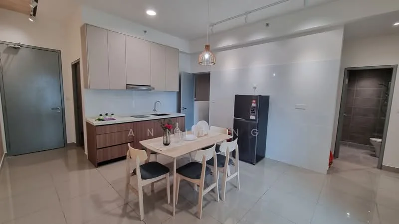Kitchen features: light wood cabinetry, white countertop, stainless-steel sink, chrome pull-down faucet, built-in stove, refrigerator, open shelving, tile backsplash, pendant light, grey tile flooring; style: modern. Dining features: 4-seater dining table, light wood dining chairs, decorative centerpiece, open layout, natural light from windows; style: modern. Bathroom features: shower with glass enclosure, tile cladding, one-piece toilet, vanity with mirror, grey tile flooring; style: modern.