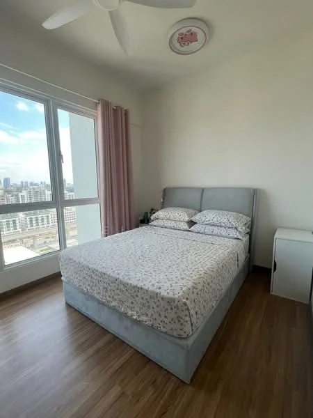Bedroom features: king-size bed with upholstered headboard, bedding with floral pattern, 2 bedside pillows, white walls, light wood laminate flooring, floor-to-ceiling windows, curtains in light pink, ceiling fan, nightstand, decorative ceiling light; style: modern; view: city.