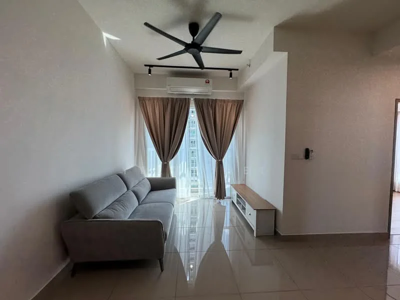 Living features: 3-seater fabric sofa in grey, wall-mounted TV console in white, large floor-to-ceiling windows, sheer curtains, drapes in beige, recessed downlights, 5-blade ceiling fan, wall-mounted air conditioning unit, glossy ceramic tile flooring, neutral painted walls; style: modern; view: city.