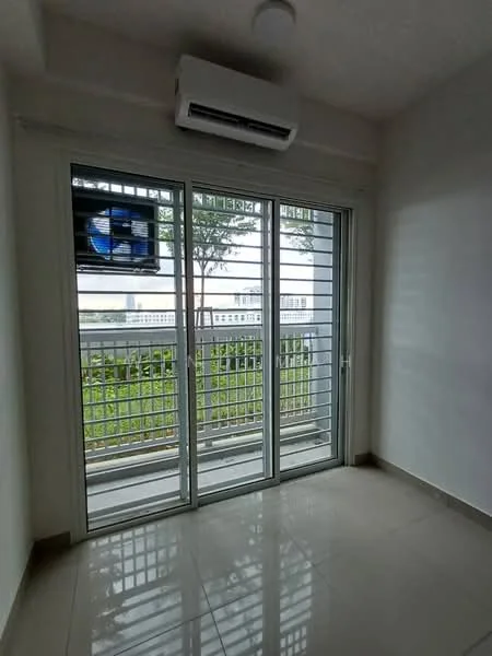 Room features: floor-to-ceiling sliding glass doors, white walls, light-colored tile flooring, wall-mounted air conditioning unit, TV mounted on wall, curtain rods, greenery visible outside, natural light from windows; style: modern; view: garden.