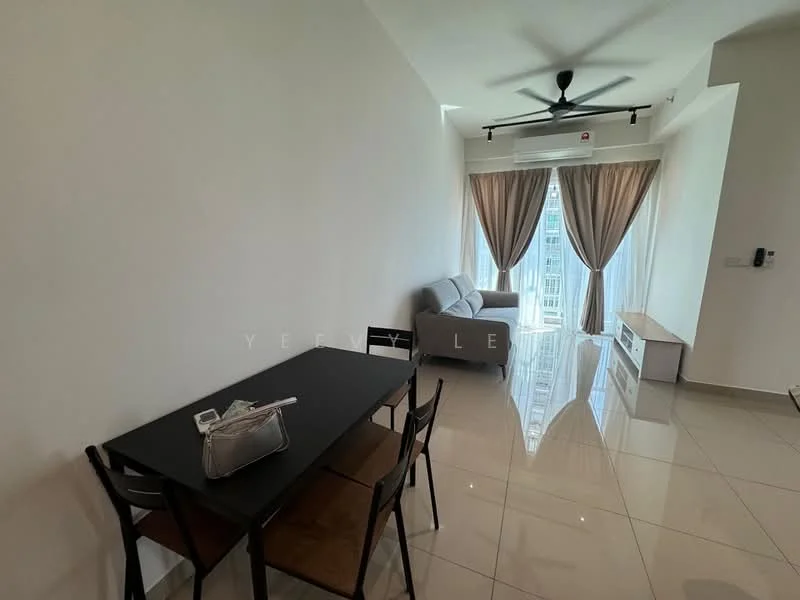 Living features: grey fabric sofa, white TV console, black dining table, 4 black dining chairs, floor-to-ceiling windows, sheer curtains, recessed downlights, polished ceramic tile flooring, ceiling fan with light, air conditioning unit; style: modern; view: city.