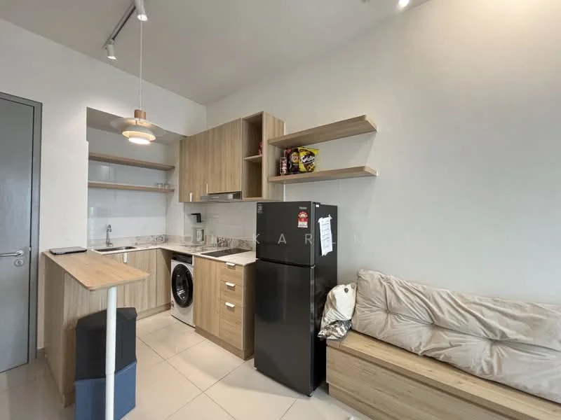 Kitchen features: wood cabinetry, white countertops, stainless-steel sink, chrome pull-down faucet, built-in oven, freestanding range oven, black fridge, front-load washing machine, open shelving, bar counter, beige sofa, tile flooring; style: modern.