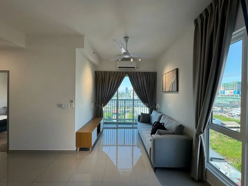 Living features: grey fabric sofa, wooden TV console, floor-to-ceiling windows, curtains, 5-blade ceiling fan with light, recessed downlights, glossy tile flooring, city view; style: modern; view: city.