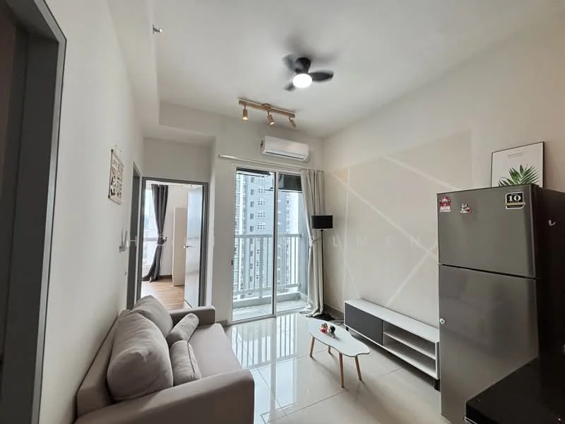 Living features: 3-seater fabric sofa in light grey, coffee table, TV console, wall-mounted TV, floor-to-ceiling windows, sliding glass door, white painted walls, polished tile flooring, ceiling fan with light, air conditioning unit; style: modern; view: city. Room features: wooden flooring, curtains.