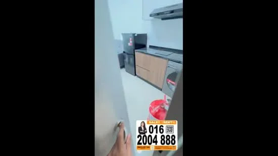 Kitchen features: stainless-steel fridge, built-in oven, 4-burner gas hob, stainless-steel range hood, wood cabinetry, grey countertop, white tiled backsplash, sink, flooring with light tiles, wall-mounted cabinets; style: modern.