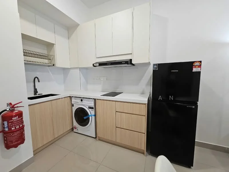 Kitchen features: white cabinetry, black countertop, single-bowl stainless-steel sink, chrome pull-down faucet, built-in oven, 4-burner gas hob, front-load washing machine, black fridge, fire extinguisher mounted on wall, ceramic tile flooring, white painted walls, open shelving; style: modern.