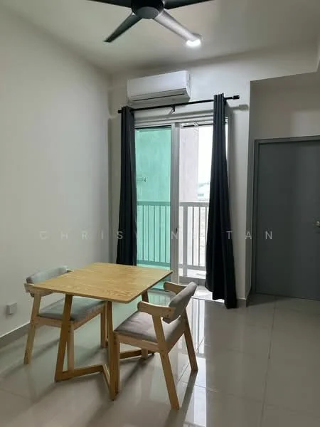 Dining features: square wooden dining table, 2 upholstered dining chairs, floor-to-ceiling windows, sliding glass door, blackout curtains, white painted walls, light-colored tiled flooring, 1 wall-mounted split AC, ceiling fan with light; style: modern; view: city.